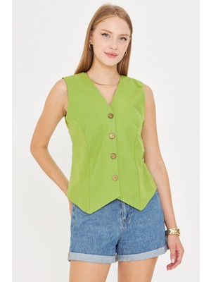 Armonika Kadın Fıstık Yeşili V Yaka Vücuda Oturan Keten Görünümlü Astarlı Yelek ARM-24Y001111