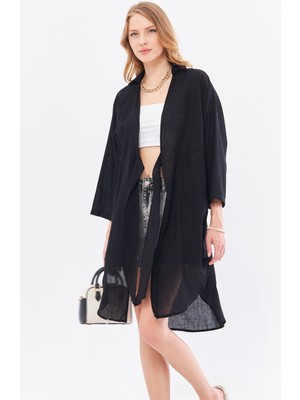 Armonika Kadın Siyah Önden Bağlamalı Ince Keten Kumaş Midi Boy Kimono Gömlek ARM-24Y001081