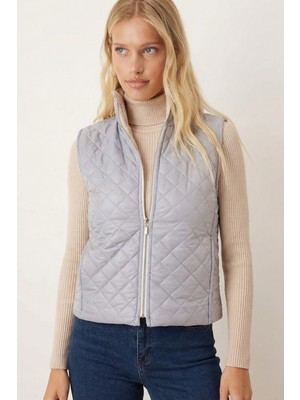 Armonika Kadın Gri Kaşe Astarlı Cepli Fermuarlı Kapitone Yelek ARM-24K001063