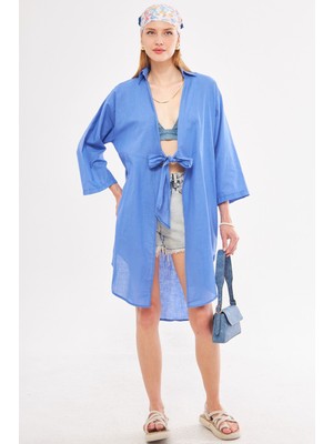 Armonika Kadın Indigo Önden Bağlamalı Ince Keten Kumaş Midi Boy Kimono Gömlek ARM-24Y001081