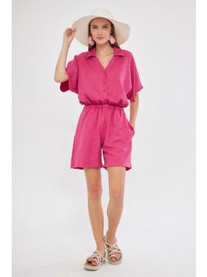 Armonika Kadın Eflatun Gömlek Yaka Cepli Kısa Tulum ARM-24Y001113