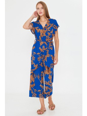 Armonika Kadın Mavi-Bej Kruvaze Beli Kemerli Tulum ARM-20Y042008