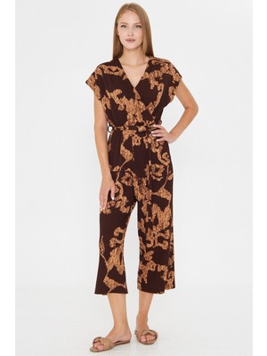 Armonika Kadın Kahve-Bej Kruvaze Beli Kemerli Tulum ARM-20Y042008