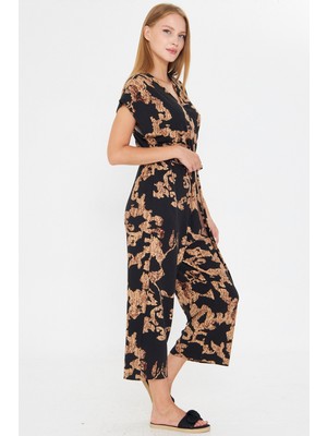 Armonika Kadın Siyah-Bej Kruvaze Beli Kemerli Tulum ARM-20Y042008
