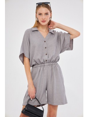 Armonika Kadın Gri Gömlek Yaka Cepli Kısa Tulum ARM-24Y001113
