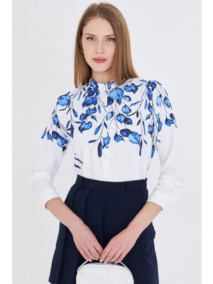 Armonika Kadın Saks Hakim Yaka Desenli Gömlek ARM-25Y001013