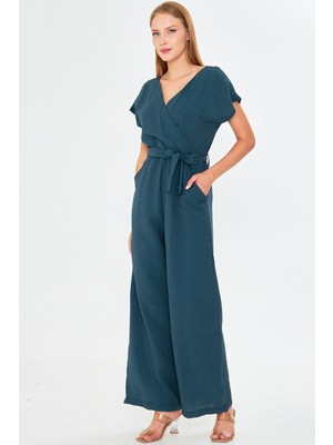 Armonika Kadın Koyu Yeşil Kruvaze Yaka Sırtı V Detaylı Cepli Kuşaklı Bol Paça Tulum ARM-24Y001073