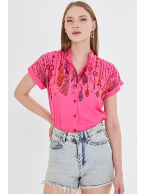 Armonika Kadın Fuşya Hakim Yaka Kısa Kollu Gömlek ARM-25Y001040