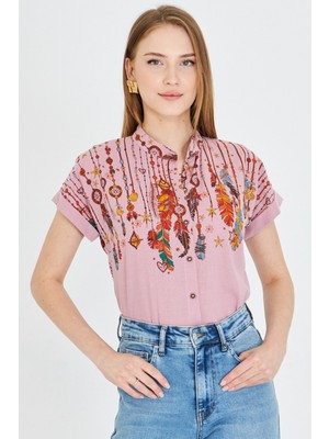 Armonika Kadın Gül Kurusu Hakim Yaka Kısa Kollu Gömlek ARM-25Y001040