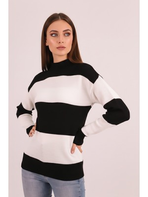 Armonika Kadın Siyah Dik Yaka Iki Renkli Triko Kazak ARM-26K136061