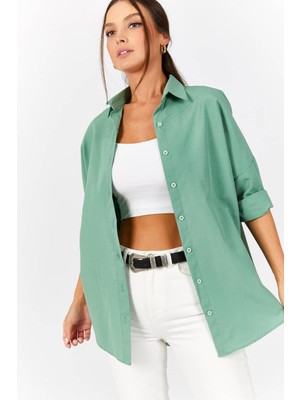 Armonika Kadın Çağla Yeşili Oversize Uzun Basic Gömlek ARM-22Y001118