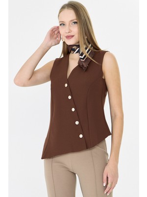 Armonika Kadın Kahve V Yaka Asimetrik Kapamalı Astarlı Yelek ARM-26K001004