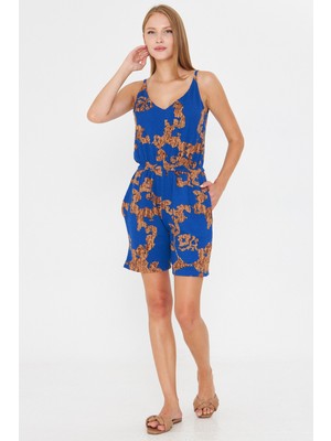 Armonika Kadın Mavi-Bej Askılı Beli Lastikli Cepli Kısa Tulum ARM-25Y001100