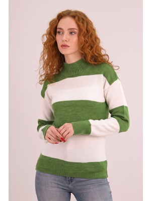 Armonika Kadın Yeşil Dik Yaka Iki Renkli Triko Kazak ARM-26K136061