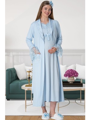 Mecit Pijama Mecit 5417 Mavi Uzun Sabahlıklı Lohusa Gecelik Takımı