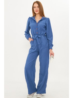 Armonika Kadın Indigo Önden Düğmeli Cepli Kuşaklı Kadife Tulum ARM-25K001084