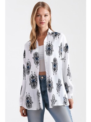 Armonika Kadın Açık Mavi Desenli Oversize Uzun Basic Gömlek ARM-22Y001148