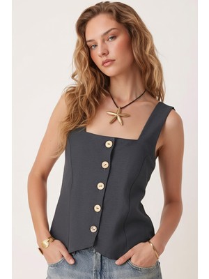 Armonika Kadın Füme Kare Yaka Arkası Bağcık Detaylı Keten Görünümlü Yelek ARM-25Y001089