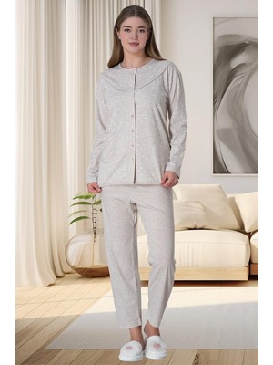 Mecit Pijama Mecit 6022 Vizon Kadın Büyük Beden Boydan Düğmeli Pijama Takımı