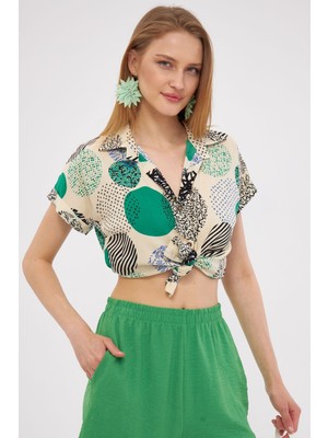 Armonika Kadın Yeşil Desenli Kısa Kol Gömlek ARM-22Y001052
