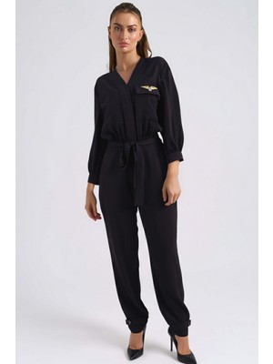 Armonika Kadın Siyah V Yaka Beli Kemerli Cepli Tulum ARM-26K136044