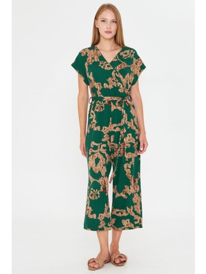 Armonika Kadın Yeşil-Bej Kruvaze Beli Kemerli Tulum ARM-20Y042008