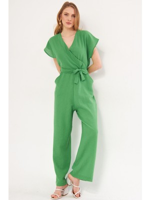 Armonika Kadın Yeşil Deka Tulum Kruvaze Yaka Kuşaklı Cepli Kolsuz ARM-24Y001031