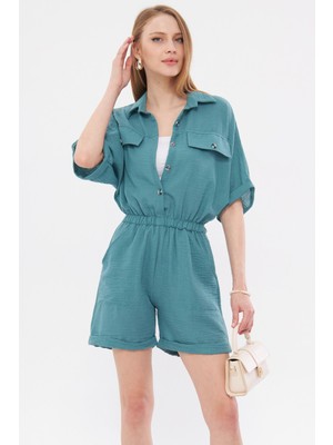 Armonika Kadın Turkuaz Yarasa Kol Cepli Beli Lastikli Şortlu Tulum ARM-23Y001075