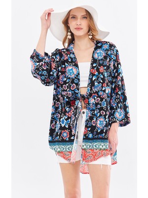 Armonika Kadın Açık Mavi Desenli Önden Bağlamalı Kimono Gömlek ARM-24Y001080
