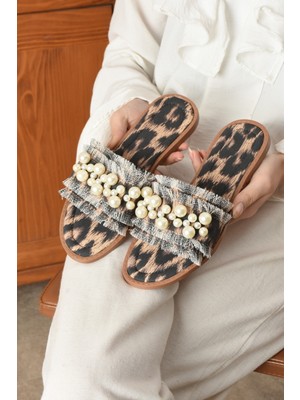 Mınoa Kadın Leopar Inci Detaylı Kumaş Dokulu Animal Desenli Tek Bantlı Günlük Düz Terlik