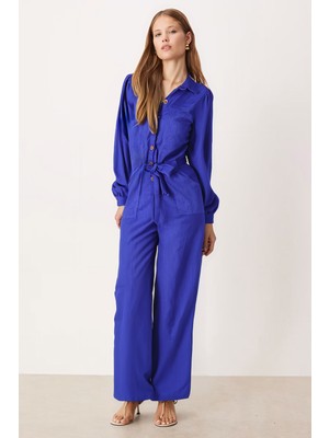 Armonika Kadın Saks Önden Düğmeli Cepli Kuşaklı Kadife Tulum ARM-25K001084