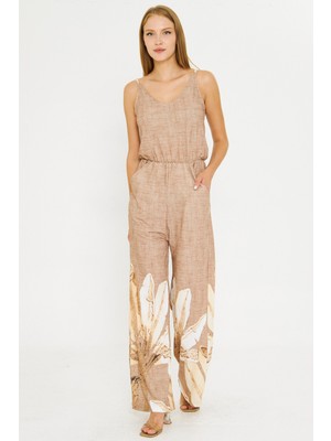 Armonika Kadın Bej Ön Arka V Askılı Beli Lastikli Cepli Tulum ARM-25Y001035