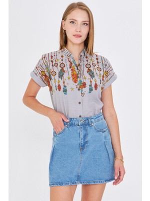 Armonika Kadın Gri Hakim Yaka Kısa Kollu Gömlek ARM-25Y001040