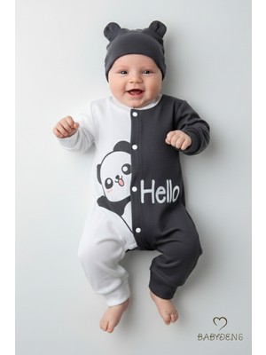 Babyden's Panda Baskılı Bebek Tulum & Şapka Seti,renk Bloklu,çıtçıtlı Uzun Kollu Yenidoğan Tulumu ,%100 Pamuk