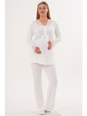 Mecit Pijama Mecit 5808 Ekru Hamile Lohusa Pijama Takımı