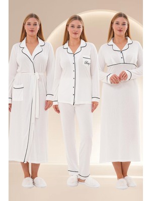 Mecit Pijama Mecit 6335 Ekru Kadın Sabahlık Gecelik Pijama 4'lü Set