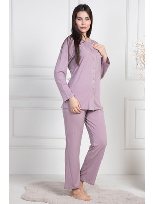 Mecit Pijama Mecit 6105 Gül Kurusu Kadın Büyük Beden Boydan Düğmeli Pijama Takımı