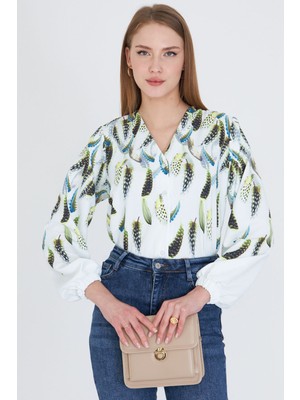 Armonika Kadın Sarı Kolları Lastikli Desenli Gömlek ARM-25Y001014