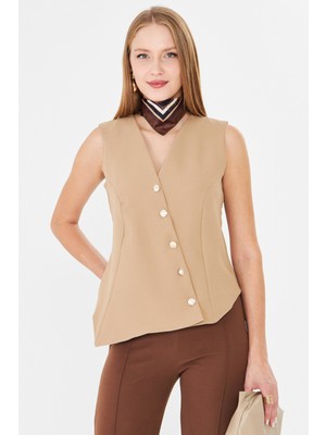 Armonika Kadın Bej V Yaka Asimetrik Kapamalı Astarlı Yelek ARM-26K001004