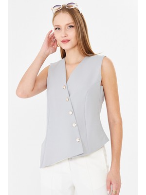 Armonika Kadın Gri V Yaka Asimetrik Kapamalı Astarlı Yelek ARM-26K001004