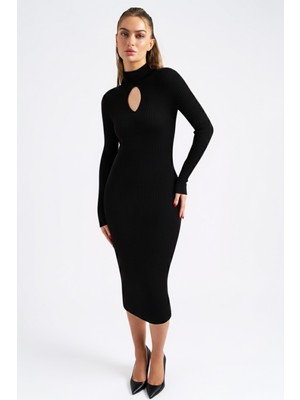 Armonika Kadın Siyah Balıkçı Yaka Önü Pencereli Triko Elbise ARM-26K136064