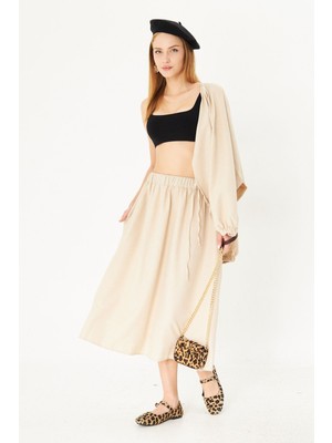 Armonika Kadın Bej Beli Lastikli Cepli Midi Boy Etek ARM-25K001010