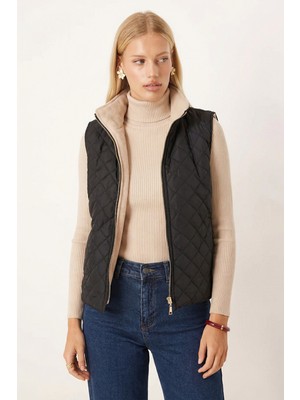 Armonika Kadın Siyah Kaşe Astarlı Cepli Fermuarlı Kapitone Yelek ARM-24K001063