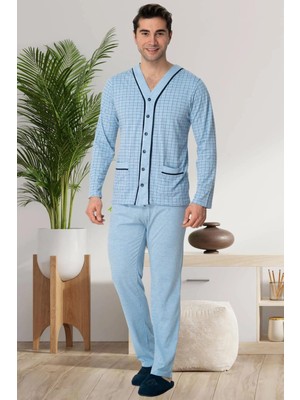 Mecit Pijama Mecit 2767 Mavi Önden Düğmeli Büyük Beden Erkek Pijama Takımı