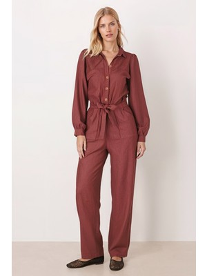 Armonika Kadın Kahve Önden Düğmeli Cepli Kuşaklı Kadife Tulum ARM-25K001084