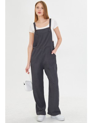 Armonika Kadın Füme Kadife Cepli Geniş Paçalı Ince Fitilli Bahçıvan Tulum ARM-25K001036