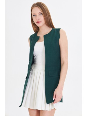 Armonika Kadın Zümrüt Sıfır Yaka Belinde Dikiş Detaylı Yelek ARM-25Y001019