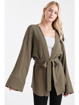 Armonika Kadın Haki Kemerli Triko Kimono ARM-26K001011