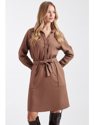 Armonika Kadın Vizon Önden Düğmeli Cepli Kuşaklı Kadife Elbise ARM-25K001085