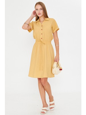Armonika Kadın Sarı Beli Lastikli Kısa Kol Gömlek Elbise ARM-23Y001035